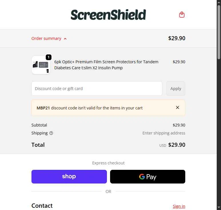 ScreenShield checkout page showing ScreenShield discount code box | Screenshot taken by SimplyCodes community member on Feb 11, 2026