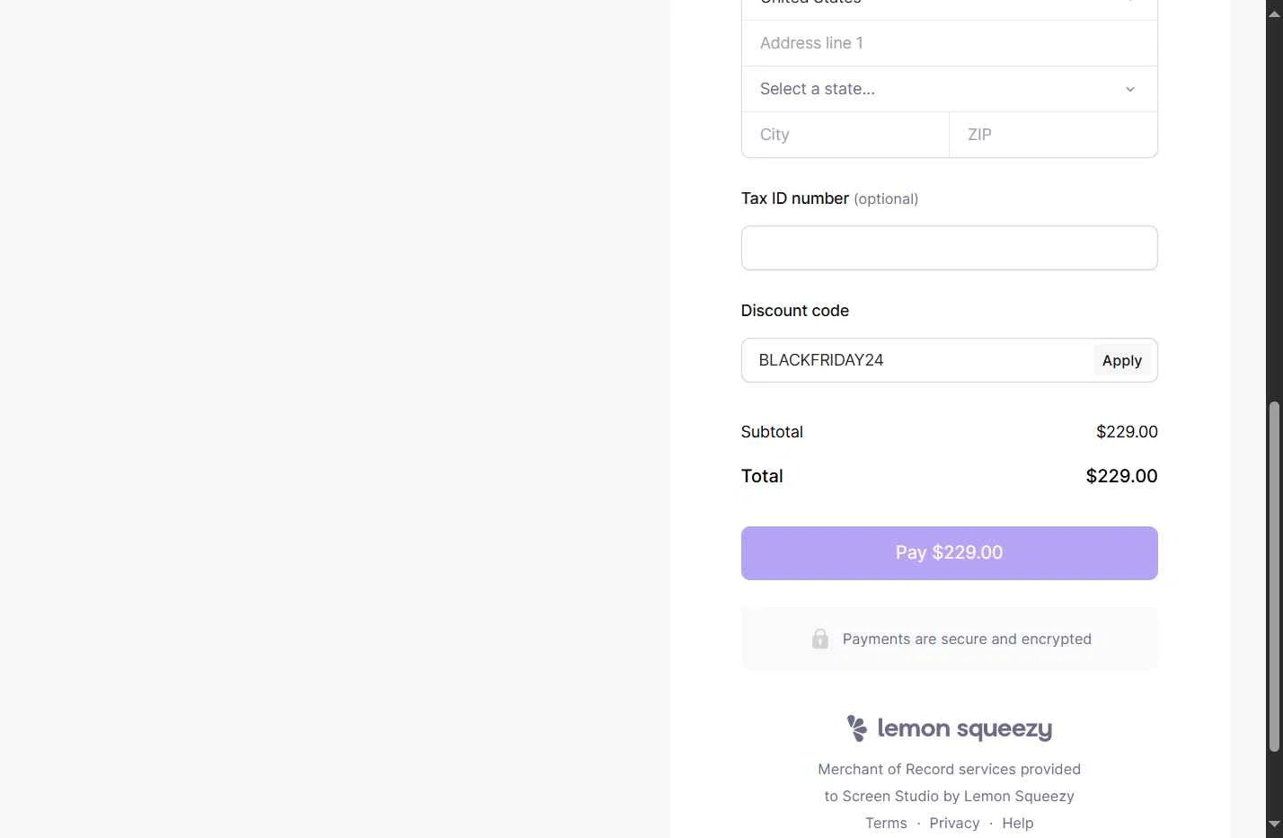 Screen Studio checkout page showing Screen Studio discount code box | Screenshot taken by SimplyCodes community member on Jul 19, 2025