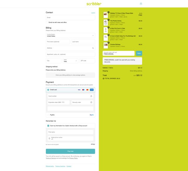 Scribbler checkout page showing Scribbler discount code box | Screenshot taken by SimplyCodes community member on Sep 3, 2025