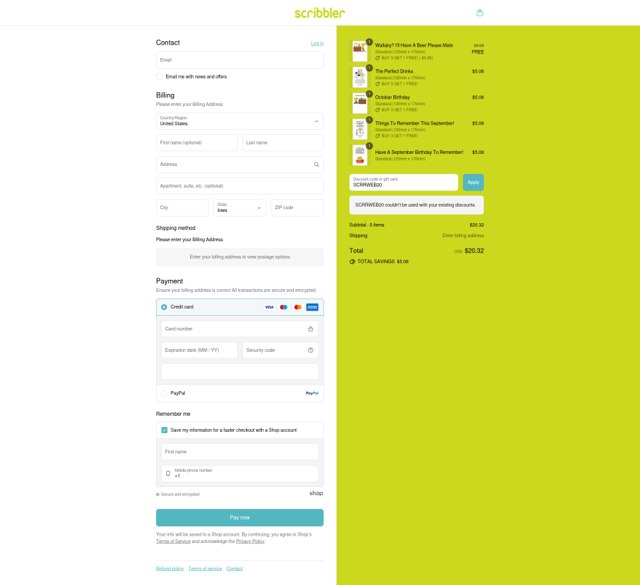 Scribbler checkout page showing Scribbler discount code box | Screenshot taken by SimplyCodes community member on Sep 7, 2025