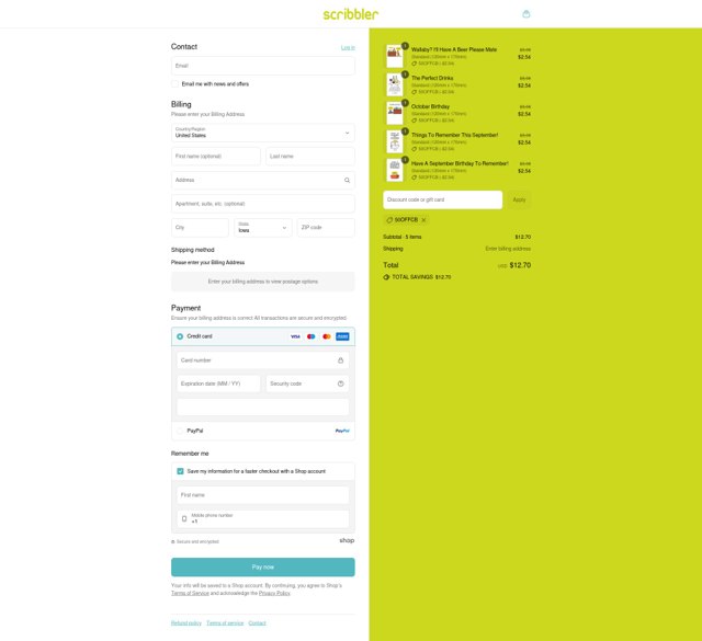 Scribbler checkout page showing Scribbler discount code box | Screenshot taken by SimplyCodes community member on Sep 7, 2025