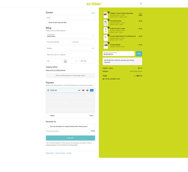 Scribbler checkout page showing Scribbler discount code box | Screenshot taken by SimplyCodes community member on Sep 3, 2025