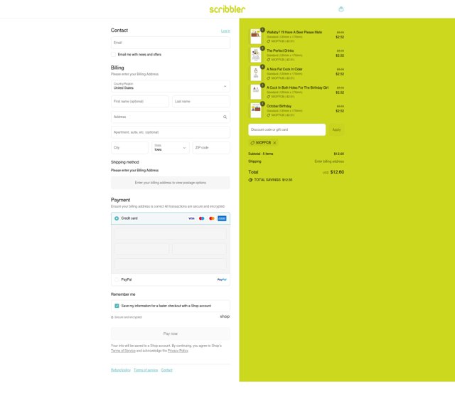 Scribbler checkout page showing Scribbler discount code box | Screenshot taken by SimplyCodes community member on Sep 3, 2025