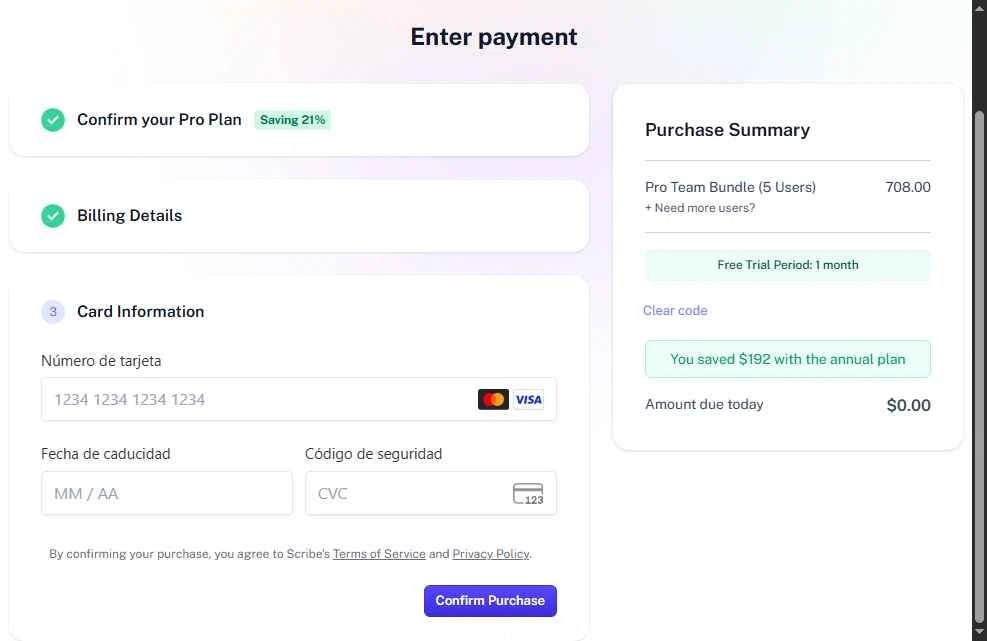 Scribe checkout page showing Scribe promo code box | Screenshot taken by SimplyCodes community member on Sep 19, 2025