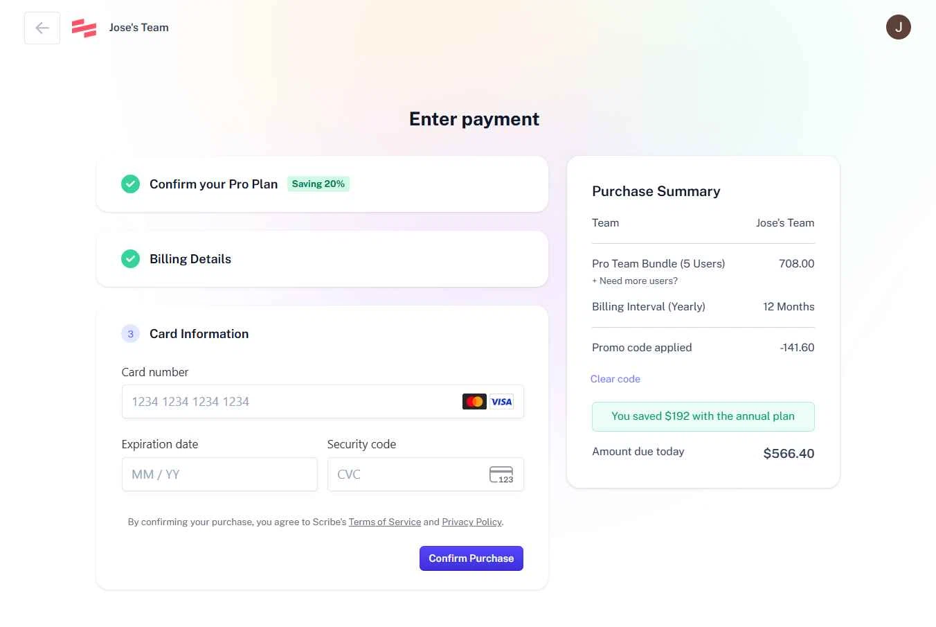 Scribe checkout page showing Scribe promo code box | Screenshot taken by SimplyCodes community member on Aug 22, 2025