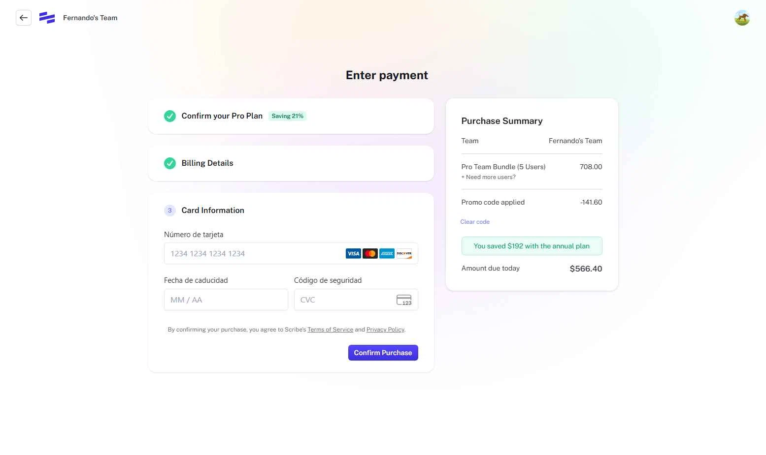 Scribe checkout page showing Scribe promo code box | Screenshot taken by SimplyCodes community member on Dec 2, 2025
