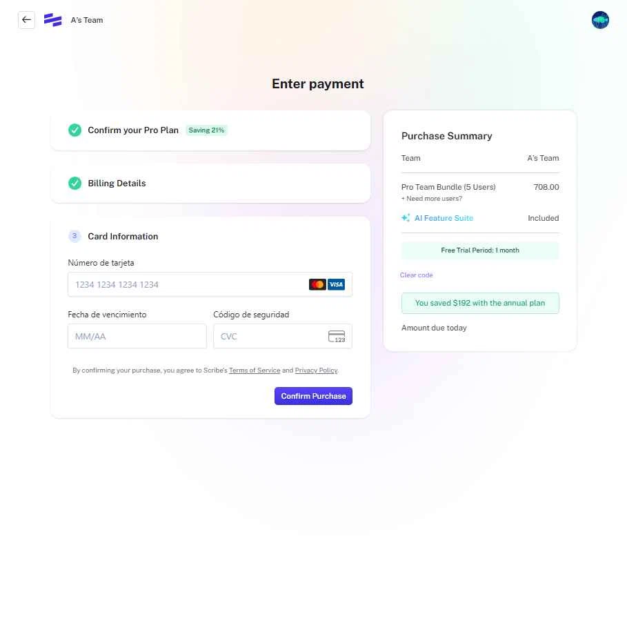 Scribe checkout page showing Scribe promo code box | Screenshot taken by SimplyCodes community member on Dec 15, 2025
