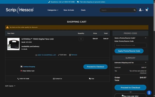 ScripHessco checkout page showing ScripHessco promo code box | Screenshot taken by SimplyCodes community member on Sep 4, 2025