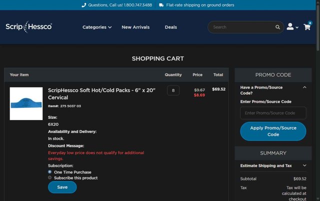 ScripHessco checkout page showing ScripHessco promo code box | Screenshot taken by SimplyCodes community member on Aug 25, 2025