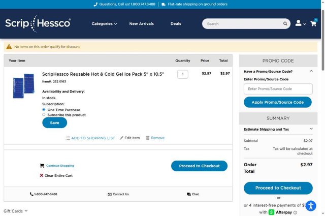 ScripHessco checkout page showing ScripHessco promo code box | Screenshot taken by SimplyCodes community member on Sep 6, 2025