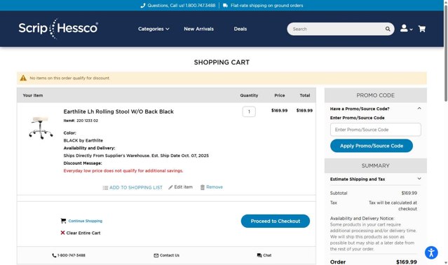 ScripHessco checkout page showing ScripHessco promo code box | Screenshot taken by SimplyCodes community member on Aug 21, 2025