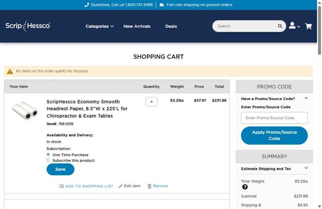ScripHessco checkout page showing ScripHessco promo code box | Screenshot taken by SimplyCodes community member on Sep 5, 2025