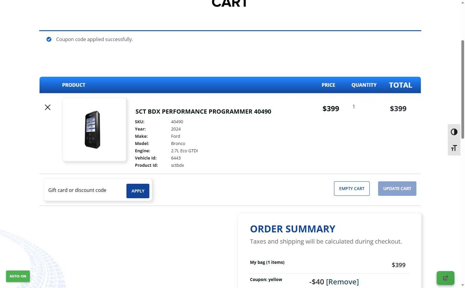 SCT Flash checkout page showing SCT Flash promo code box | Screenshot taken by SimplyCodes community member on Oct 18, 2025