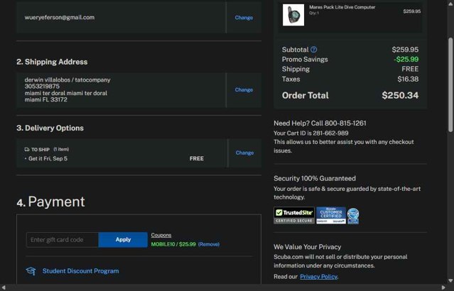 Scuba.com checkout page showing Scuba.com promo code box | Screenshot taken by SimplyCodes community member on Sep 3, 2025