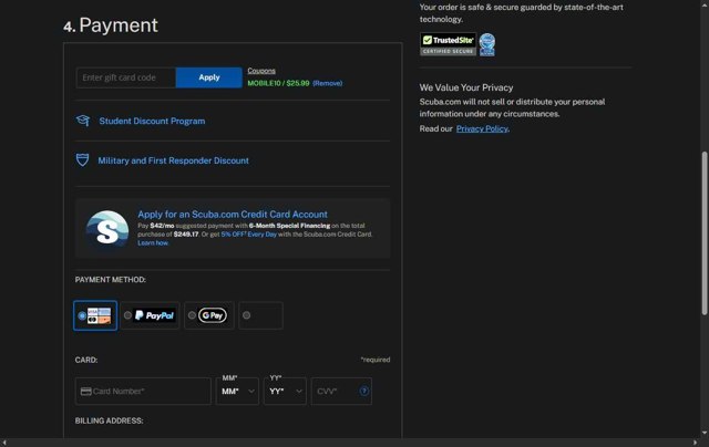 Scuba.com checkout page showing Scuba.com promo code box | Screenshot taken by SimplyCodes community member on Aug 11, 2025