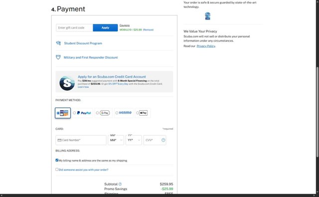 Scuba.com checkout page showing Scuba.com promo code box | Screenshot taken by SimplyCodes community member on Aug 21, 2025