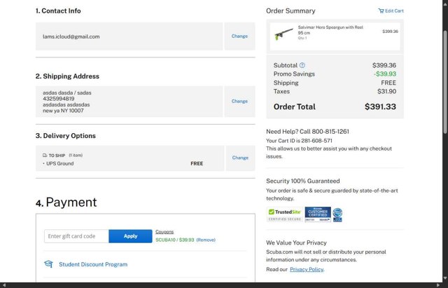 Scuba.com checkout page showing Scuba.com promo code box | Screenshot taken by SimplyCodes community member on Aug 27, 2025