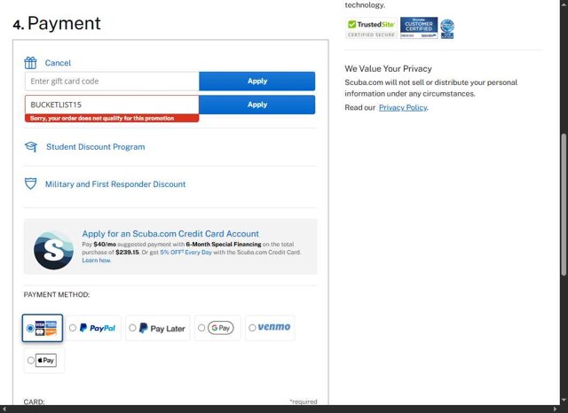 Scuba.com checkout page showing Scuba.com promo code box | Screenshot taken by SimplyCodes community member on Aug 26, 2025