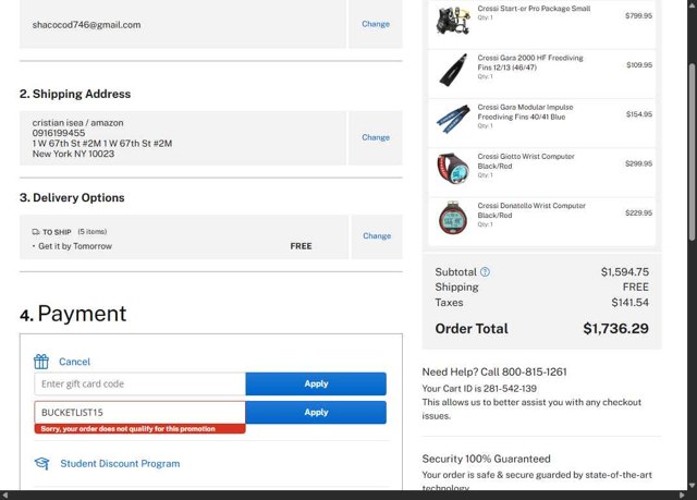 Scuba.com checkout page showing Scuba.com promo code box | Screenshot taken by SimplyCodes community member on Aug 15, 2025
