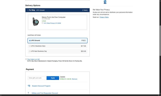 Scuba.com checkout page showing Scuba.com promo code box | Screenshot taken by SimplyCodes community member on Jul 24, 2025
