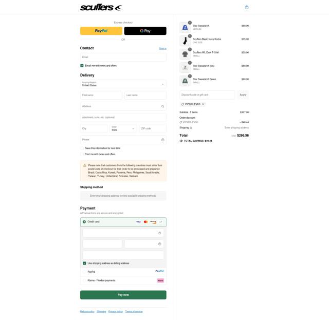 Scuffers checkout page showing Scuffers discount code box | Screenshot taken by SimplyCodes community member on Sep 14, 2025