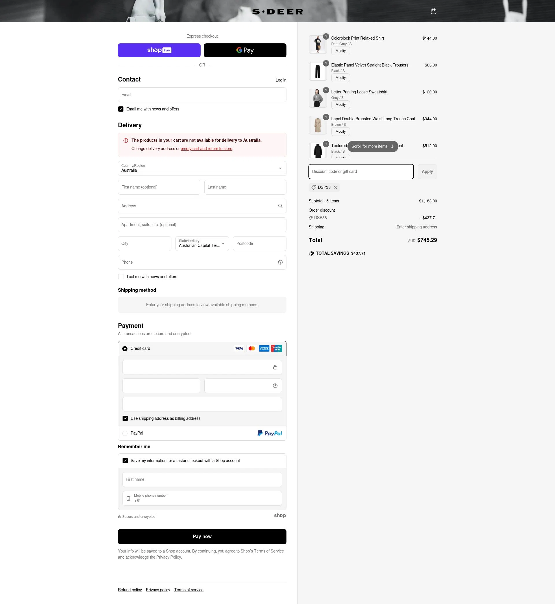 SDEER checkout page showing SDEER promo code box | Screenshot taken by SimplyCodes community member on May 9, 2025