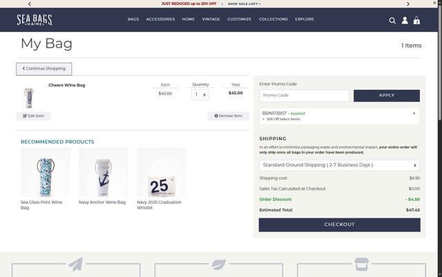 Sea Bags Maine checkout page showing Sea Bags Maine promo code box | Screenshot taken by SimplyCodes community member on Sep 3, 2025
