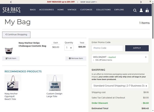 Sea Bags Maine checkout page showing Sea Bags Maine promo code box | Screenshot taken by SimplyCodes community member on Jun 20, 2025