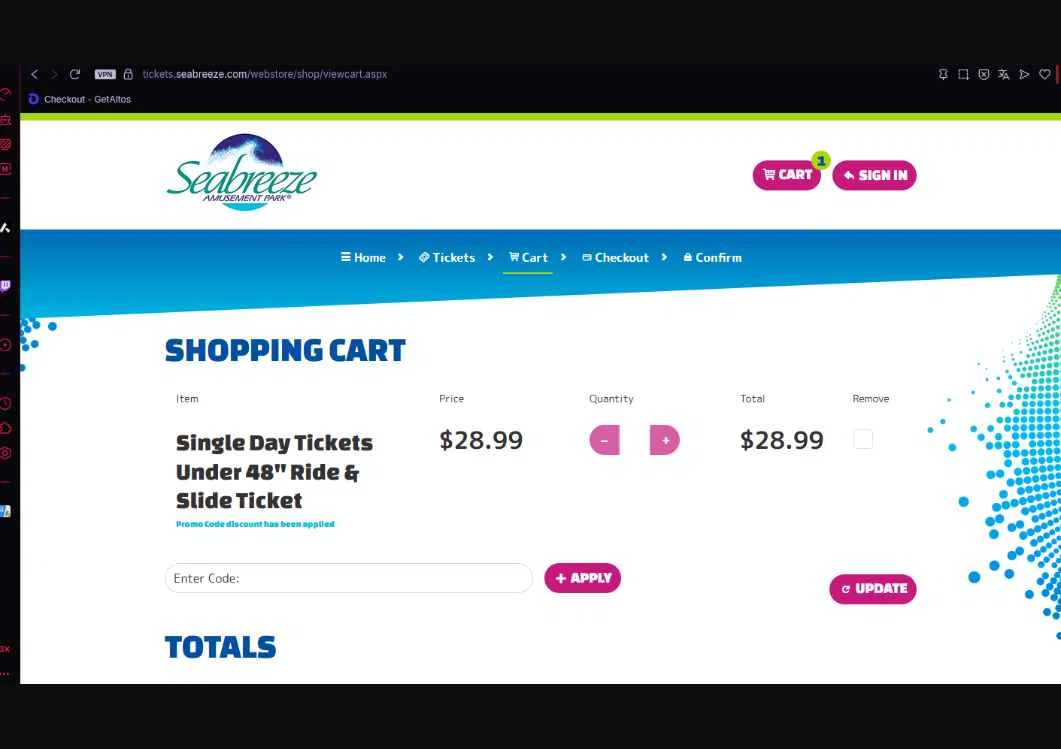 Seabreeze Amusement Park checkout page showing Seabreeze Amusement Park promo code box | Screenshot taken by SimplyCodes community member on Jul 26, 2025