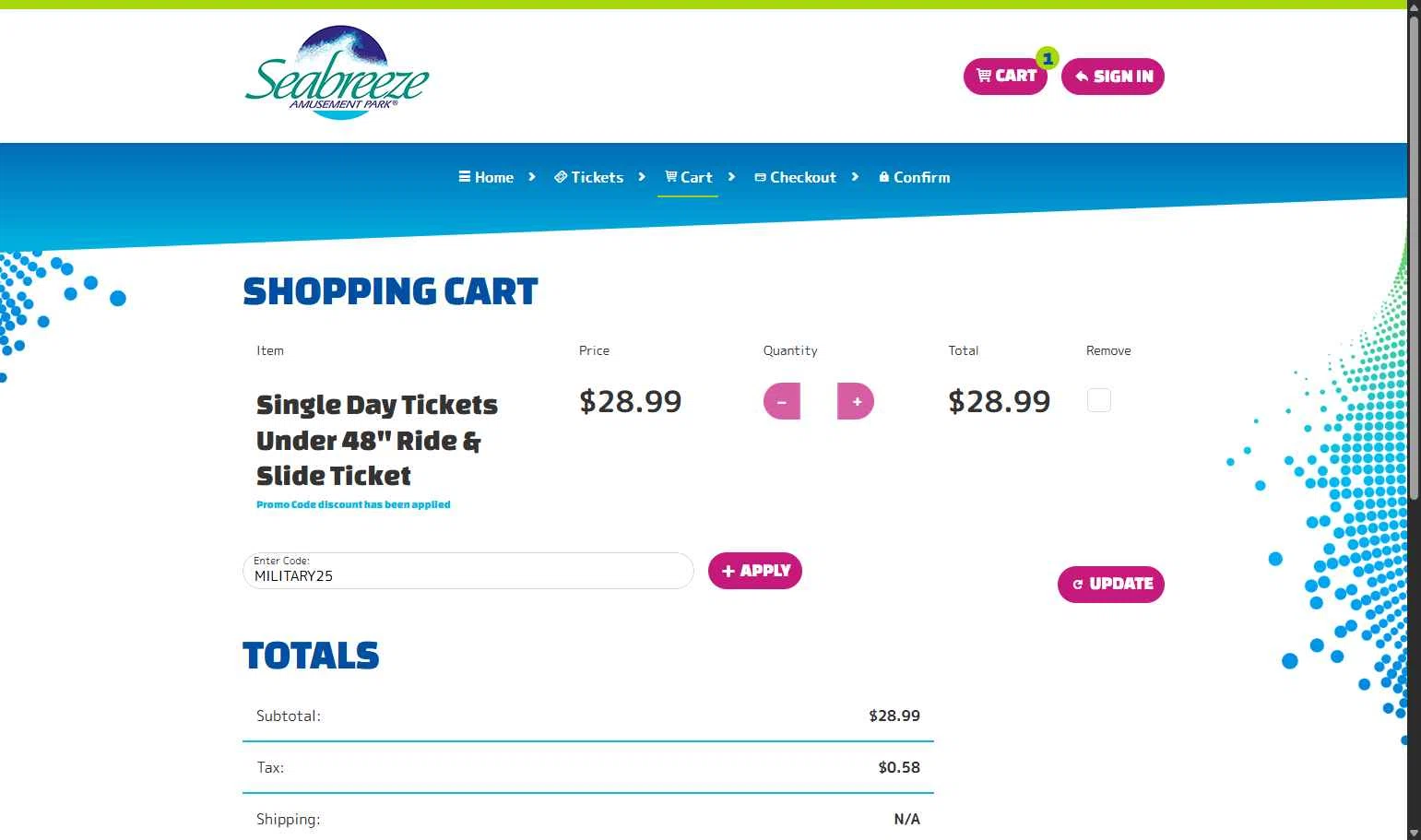 Seabreeze Amusement Park checkout page showing Seabreeze Amusement Park promo code box | Screenshot taken by SimplyCodes community member on Aug 6, 2025