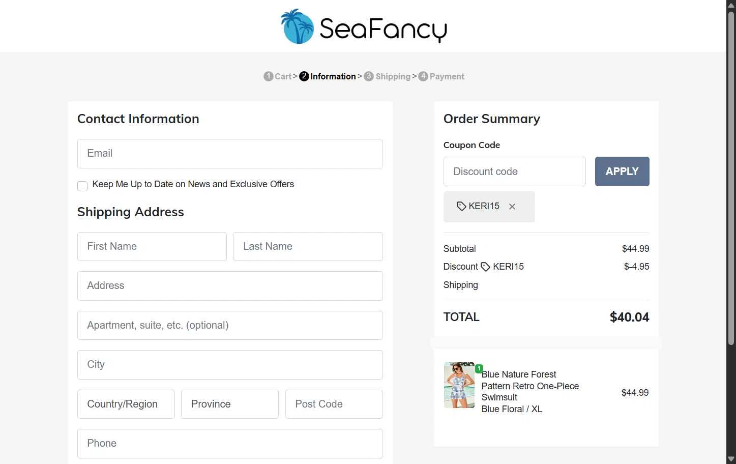 SeaFancy checkout page showing SeaFancy discount code box | Screenshot taken by SimplyCodes community member on Feb 15, 2026