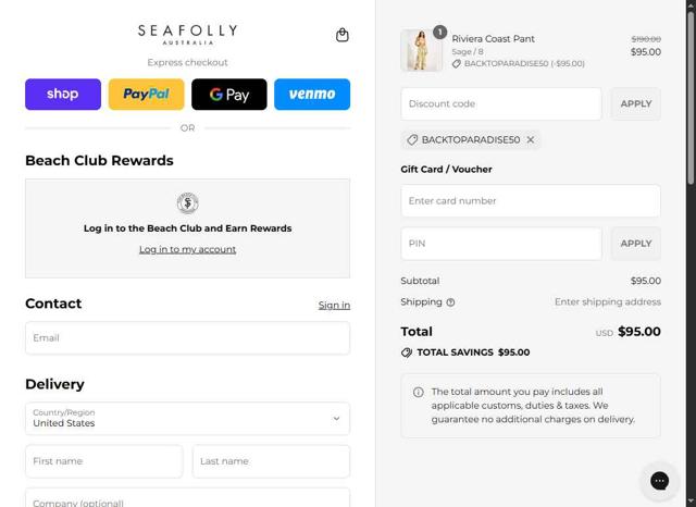 Seafolly checkout page showing Seafolly discount code box | Screenshot taken by SimplyCodes community member on Sep 13, 2025
