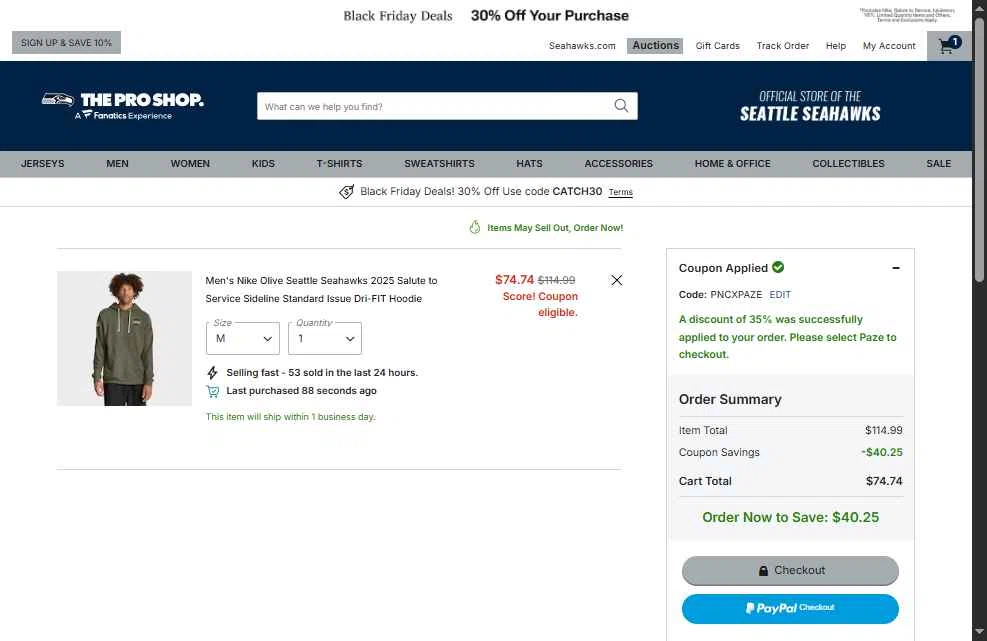 Seahawks Pro Shop checkout page showing Seahawks Pro Shop promo code box | Screenshot taken by SimplyCodes community member on Nov 20, 2025