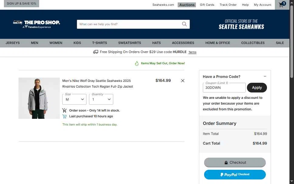 Seahawks Pro Shop checkout page showing Seahawks Pro Shop promo code box | Screenshot taken by SimplyCodes community member on Nov 12, 2025