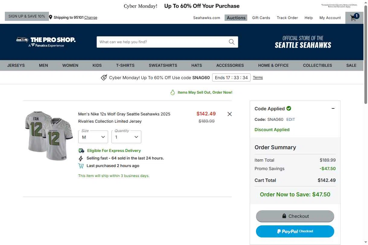Seahawks Pro Shop checkout page showing Seahawks Pro Shop promo code box | Screenshot taken by SimplyCodes community member on Dec 1, 2025