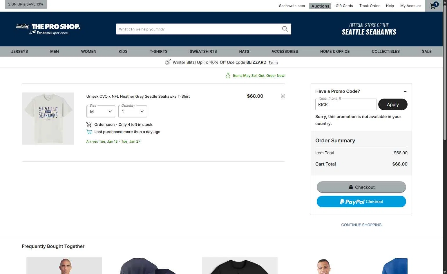 Seahawks Pro Shop checkout page showing Seahawks Pro Shop promo code box | Screenshot taken by SimplyCodes community member on Dec 24, 2025