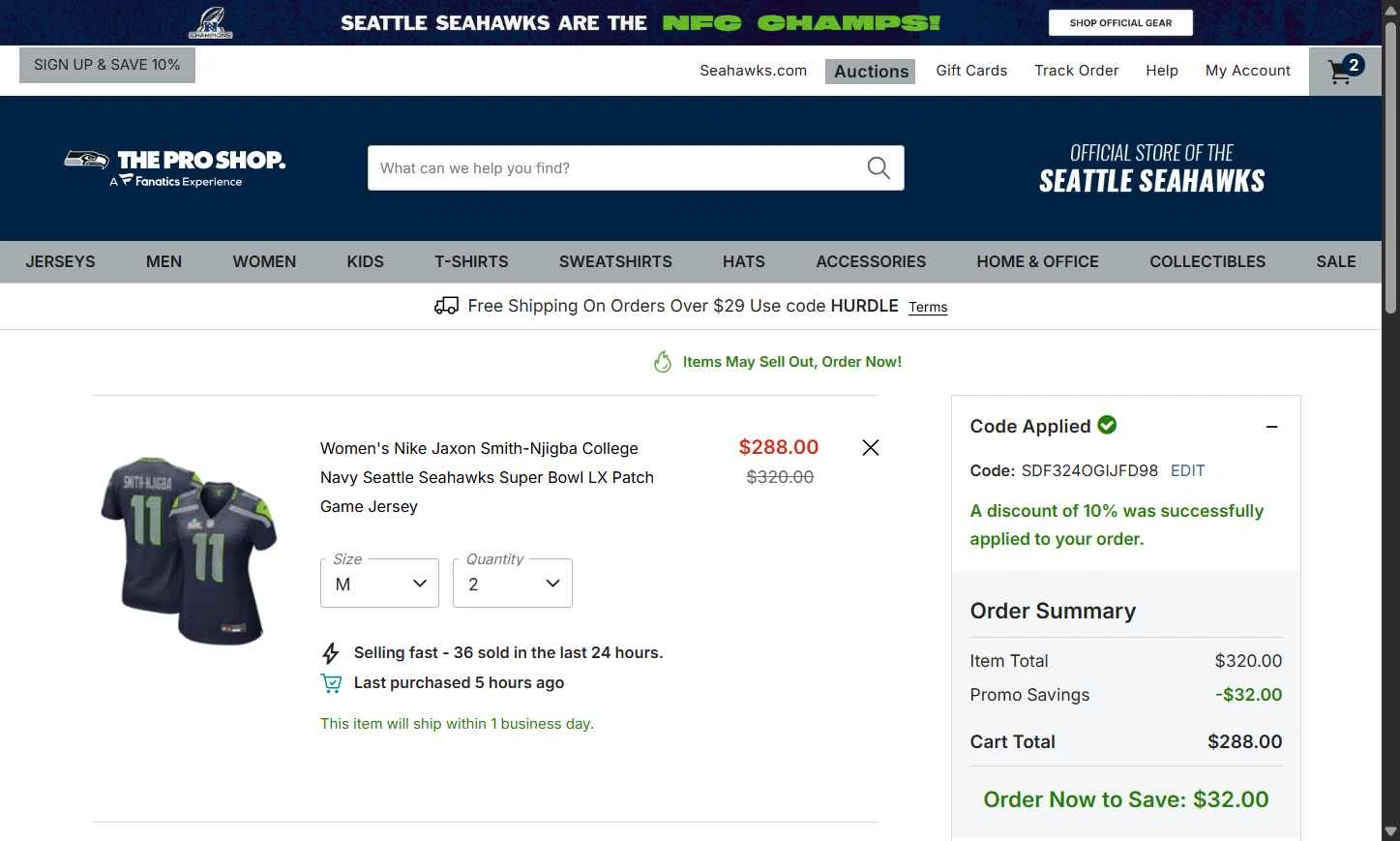 Seahawks Pro Shop checkout page showing Seahawks Pro Shop promo code box | Screenshot taken by SimplyCodes community member on Feb 7, 2026