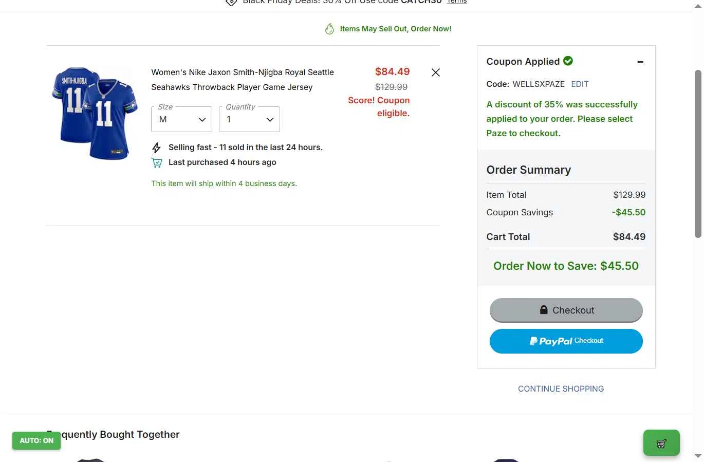 Seahawks Pro Shop checkout page showing Seahawks Pro Shop promo code box | Screenshot taken by SimplyCodes community member on Nov 20, 2025