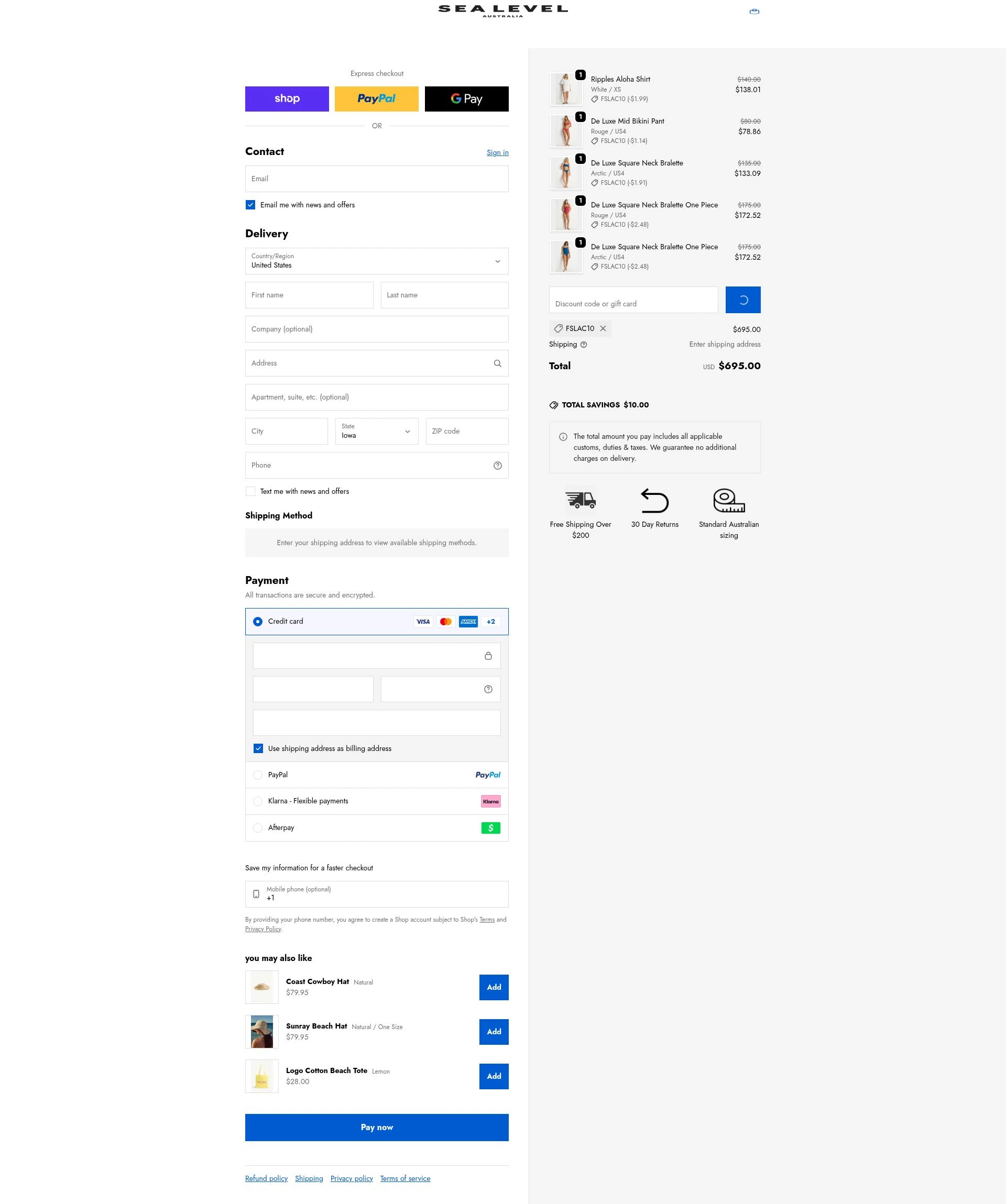 Sea Level Australia checkout page showing Sea Level Australia discount code box | Screenshot taken by SimplyCodes community member on Feb 19, 2026