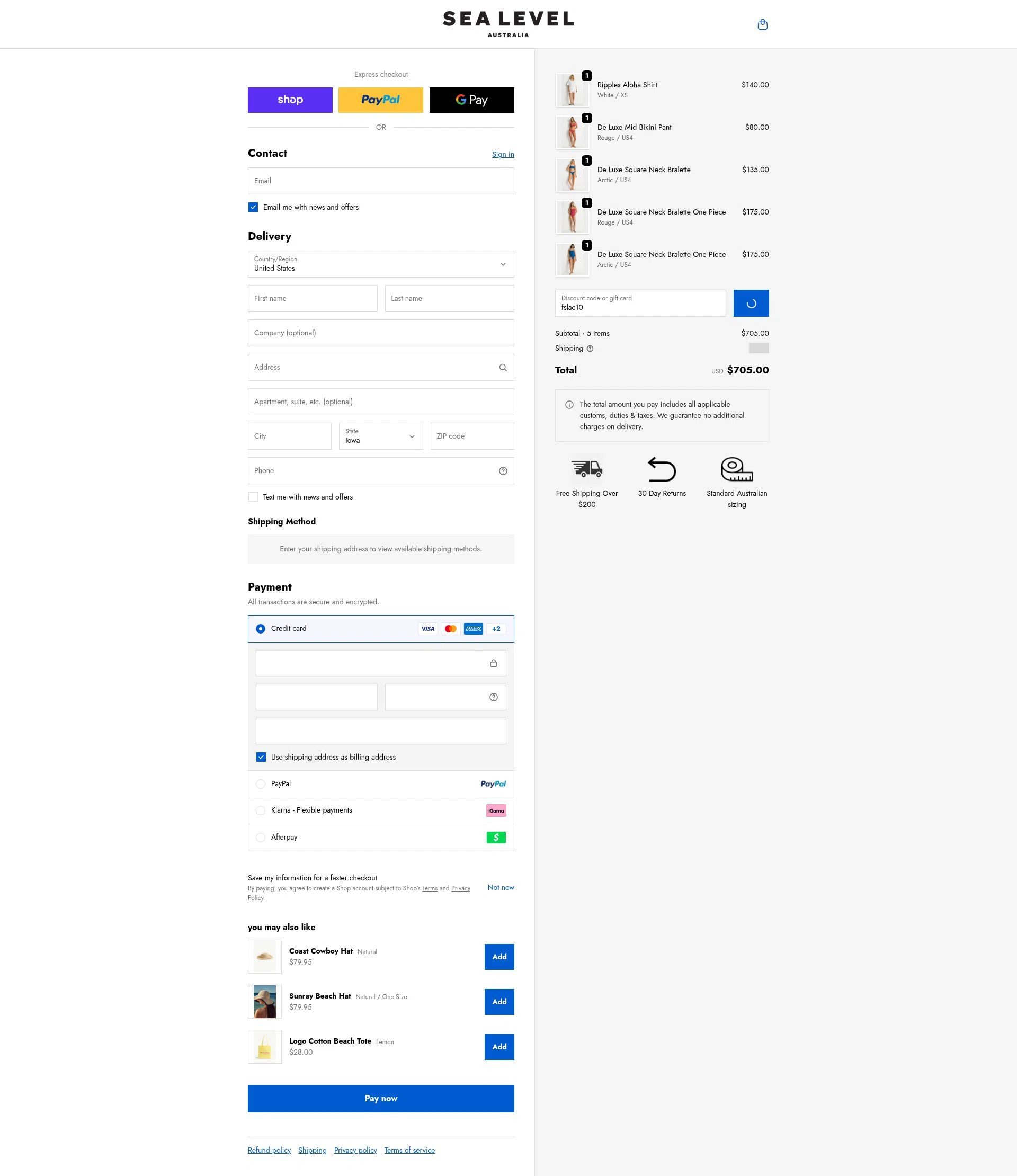 Sea Level Australia checkout page showing Sea Level Australia discount code box | Screenshot taken by SimplyCodes community member on Feb 15, 2026