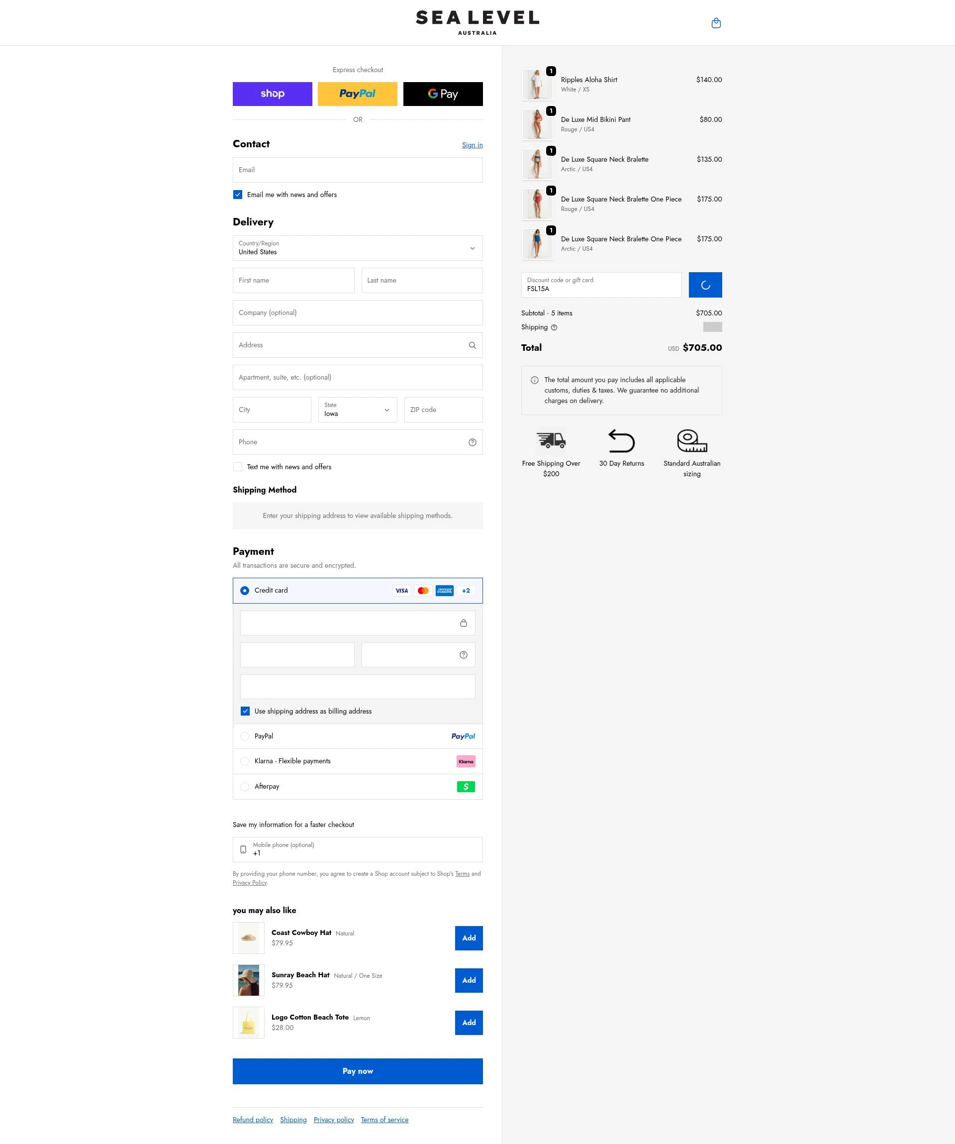Sea Level Australia checkout page showing Sea Level Australia discount code box | Screenshot taken by SimplyCodes community member on Feb 19, 2026
