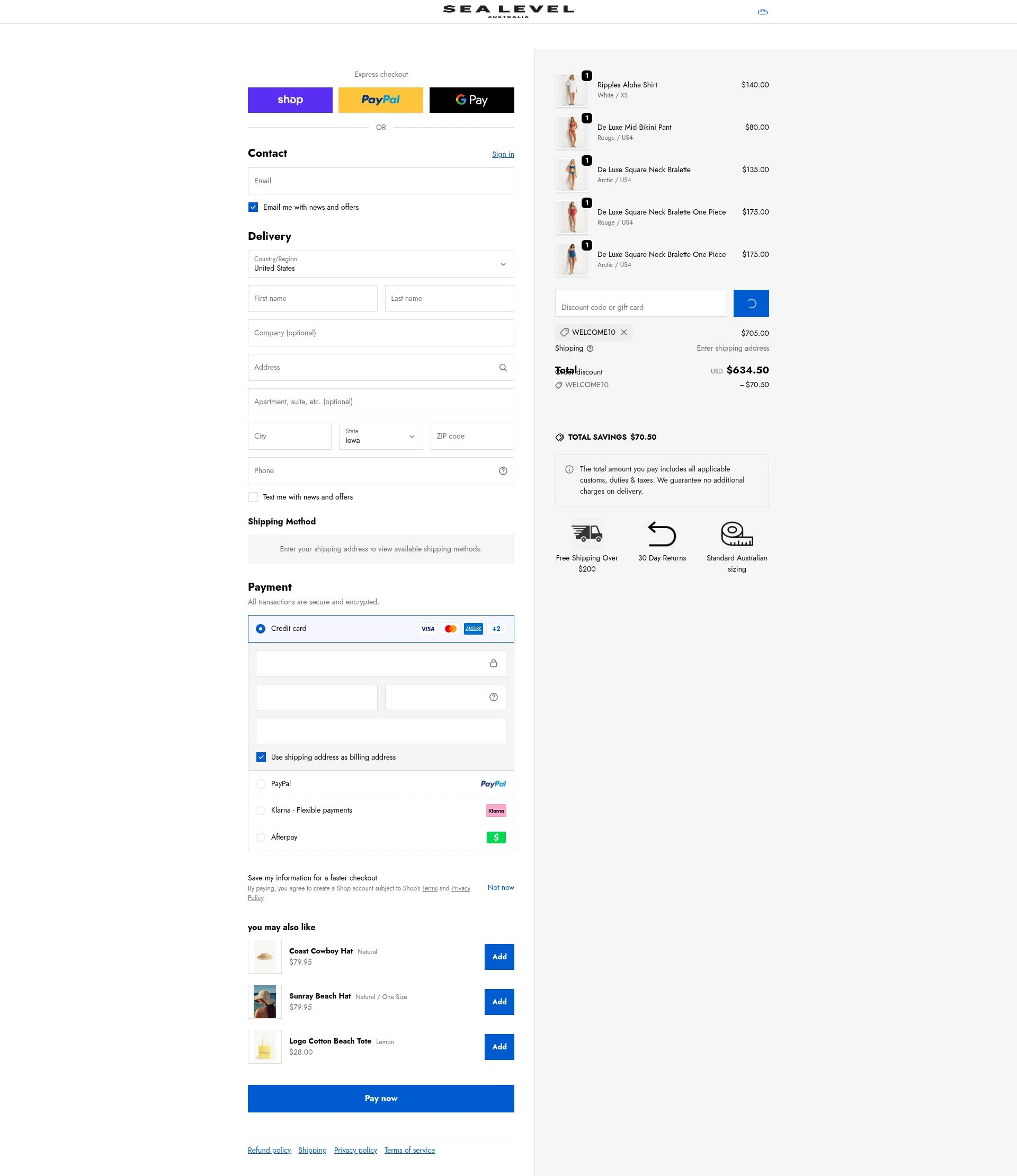 Sea Level Australia checkout page showing Sea Level Australia discount code box | Screenshot taken by SimplyCodes community member on Feb 15, 2026