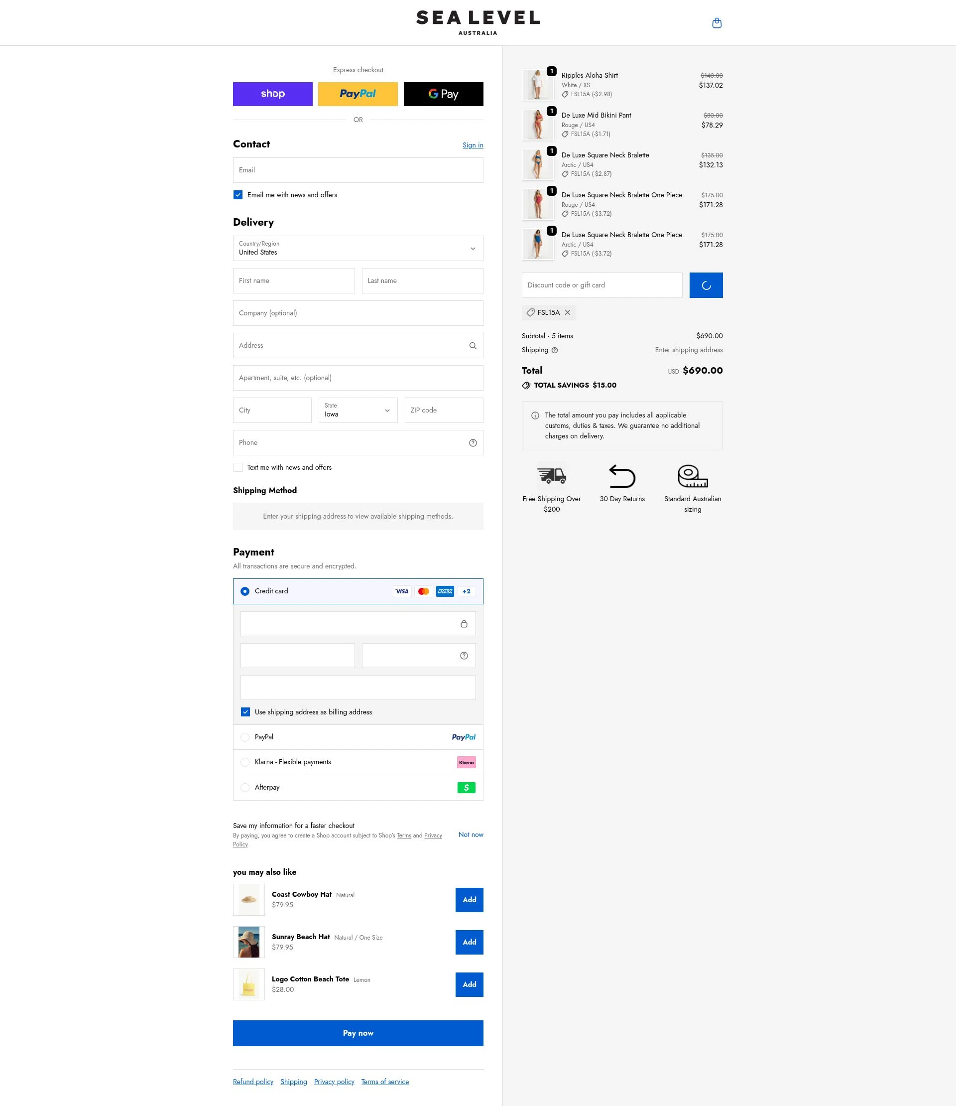 Sea Level Australia checkout page showing Sea Level Australia discount code box | Screenshot taken by SimplyCodes community member on Feb 15, 2026