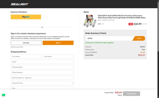 SEALIGHT checkout page showing SEALIGHT coupon code box | Screenshot taken by SimplyCodes community member on Jul 31, 2025