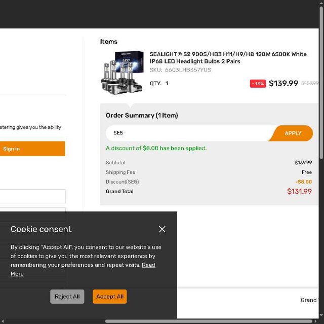 SEALIGHT checkout page showing SEALIGHT coupon code box | Screenshot taken by SimplyCodes community member on Aug 8, 2025
