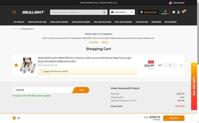 SEALIGHT checkout page showing SEALIGHT coupon code box | Screenshot taken by SimplyCodes community member on Aug 28, 2025