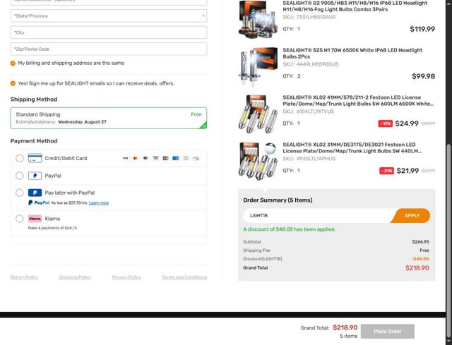 SEALIGHT checkout page showing SEALIGHT coupon code box | Screenshot taken by SimplyCodes community member on Aug 22, 2025