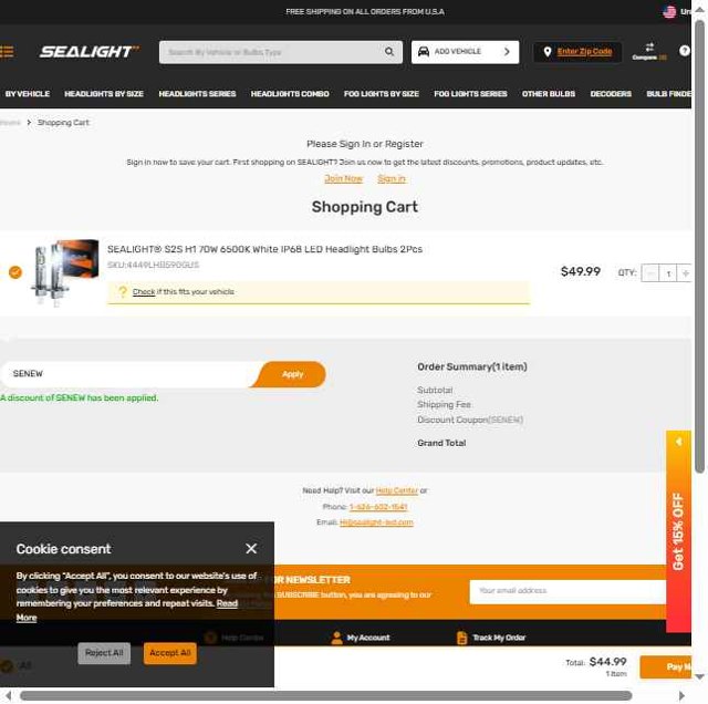 SEALIGHT checkout page showing SEALIGHT coupon code box | Screenshot taken by SimplyCodes community member on Aug 17, 2025