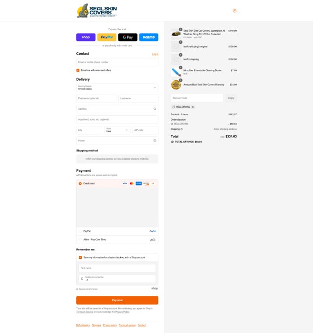 Seal Skin Covers checkout page showing Seal Skin Covers discount code box | Screenshot taken by SimplyCodes community member on Sep 4, 2025
