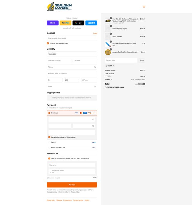 Seal Skin Covers checkout page showing Seal Skin Covers discount code box | Screenshot taken by SimplyCodes community member on Sep 4, 2025